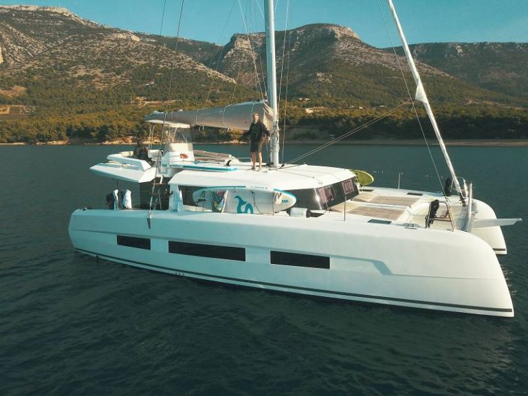 Dufour 48 catamaran Dreamland drone side view