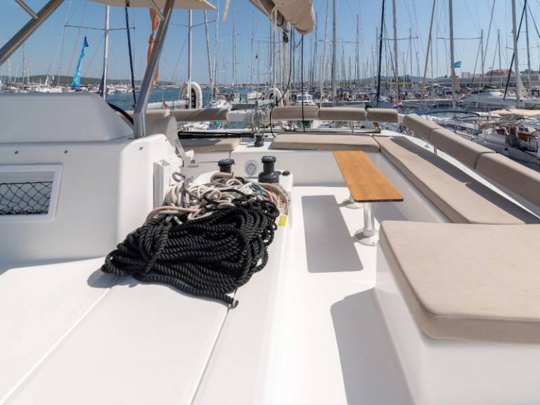 Dufour 48 catamaran Dreamland fly bridge sitting area bimini