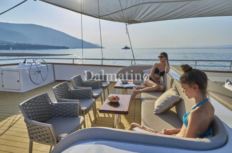 luxury sailing yacht Dalmatino deck sun beds and sitting area